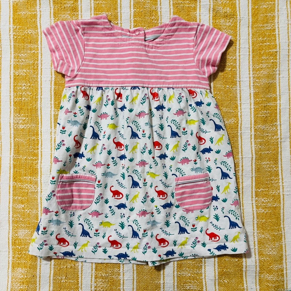 Baby Boden Dinosaur Dress Pink Stripes Size 18-24 Months Girls Short Sleeve